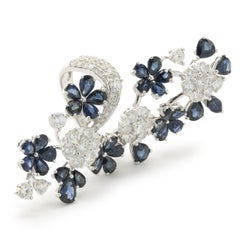 18 Karat White Gold Sapphire and Diamond Floral Long Finger Ring