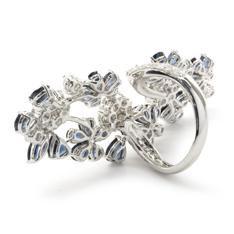 18 Karat White Gold Sapphire and Diamond Floral Long Finger Ring For ...
