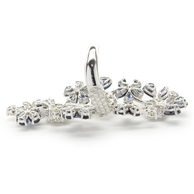 18 Karat White Gold Sapphire and Diamond Floral Long Finger Ring For ...