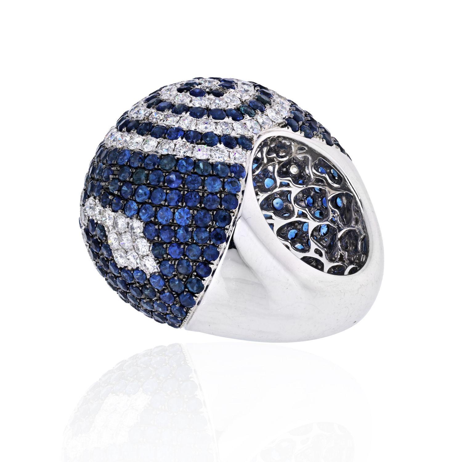 Moderne Bague en or blanc 18 carats, saphir et diamant, pavé à large dôme en vente