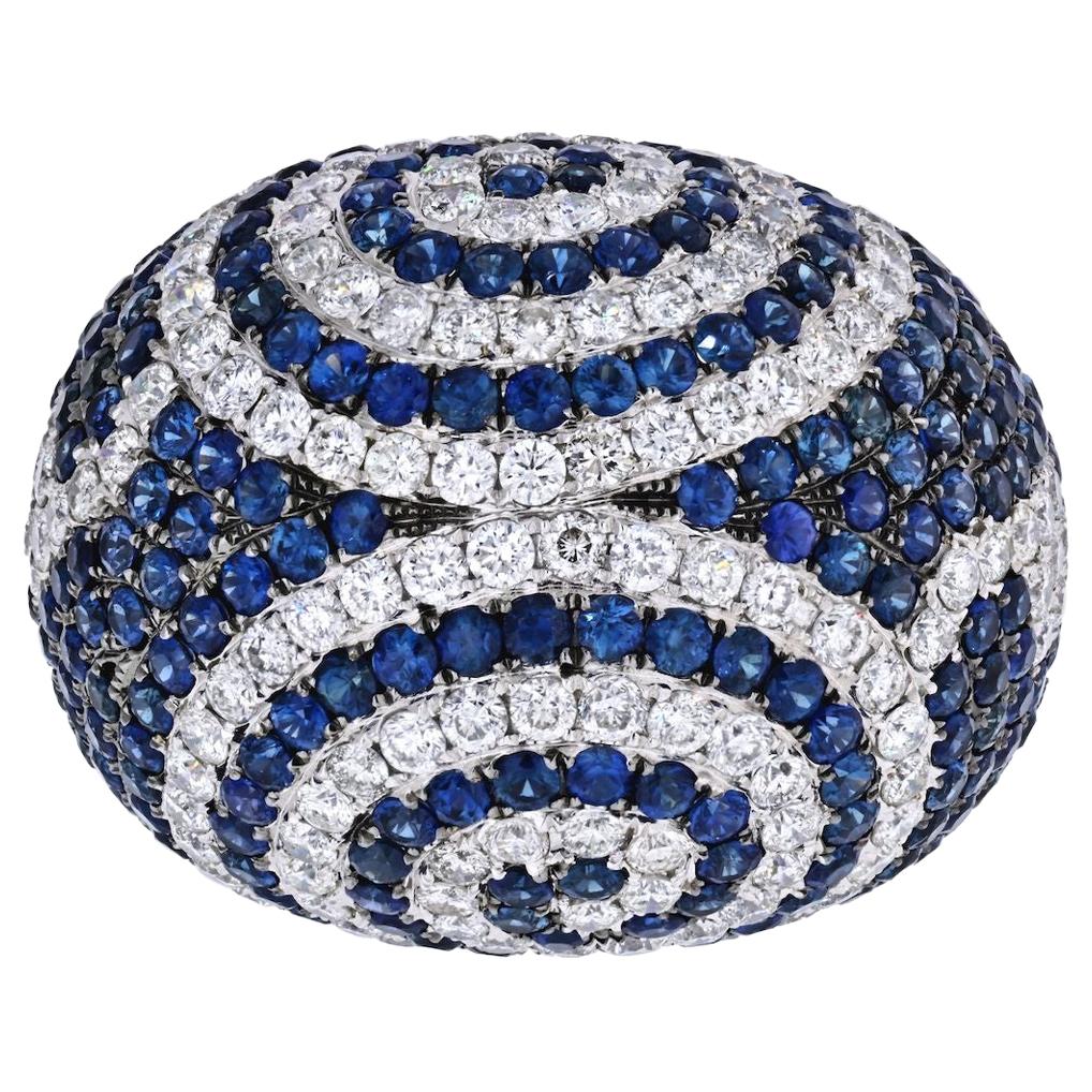 Bague en or blanc 18 carats, saphir et diamant, pavé à large dôme