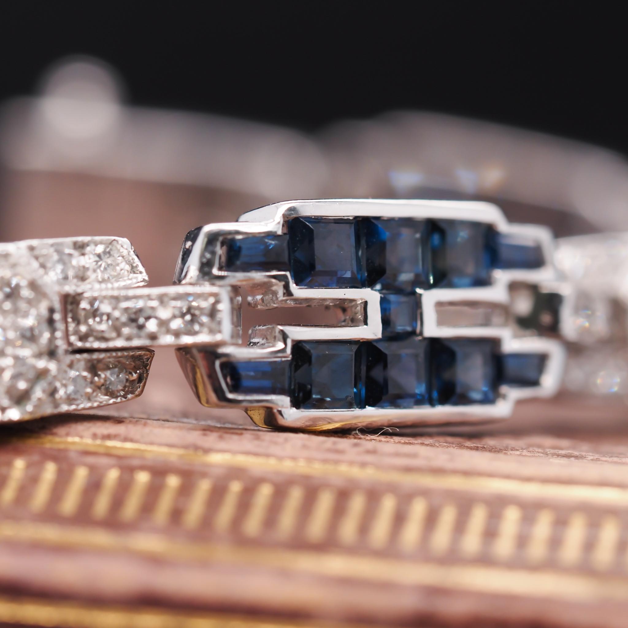 Women's or Men's 18 Karat White Gold Sapphire and Diamond Link Bracelet VHK#543 For Sale