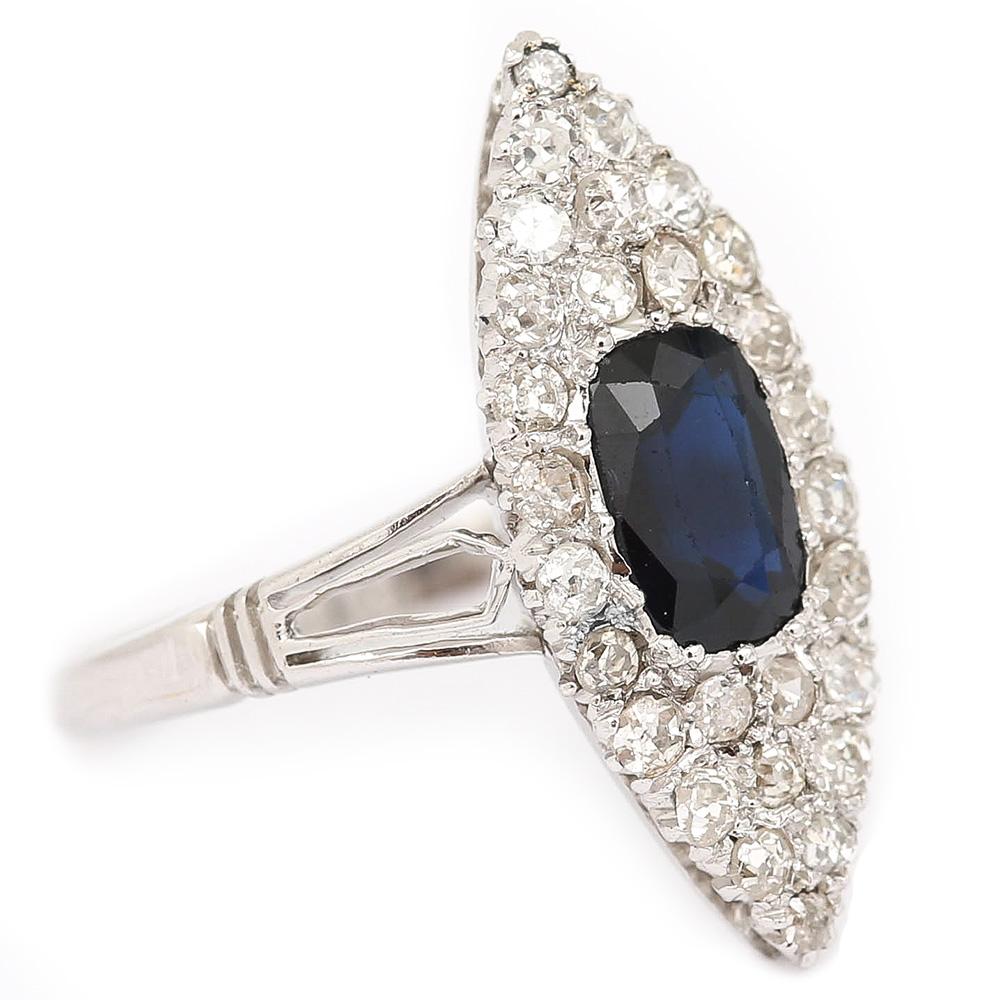 18 Karat White Gold Sapphire and Diamond Marquise Navette Engagement Ring In Good Condition In Lancashire, Oldham