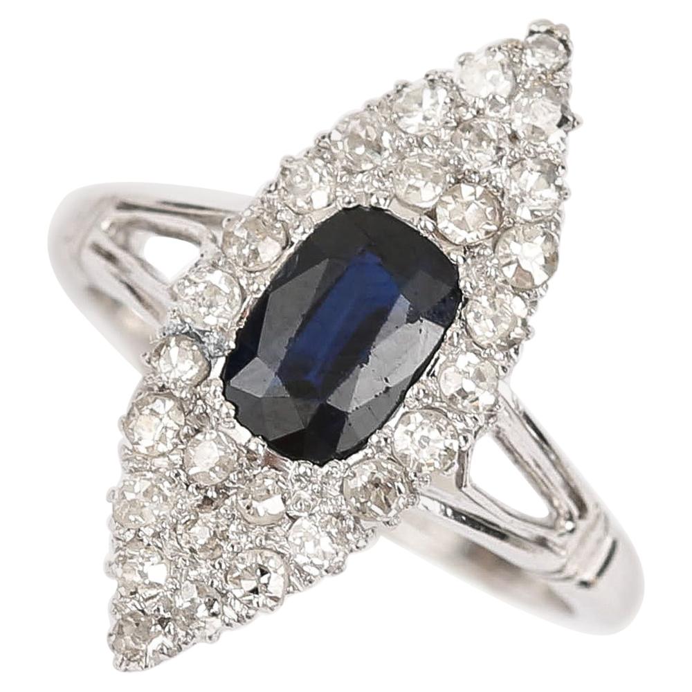 18 Karat White Gold Sapphire and Diamond Marquise Navette Engagement Ring