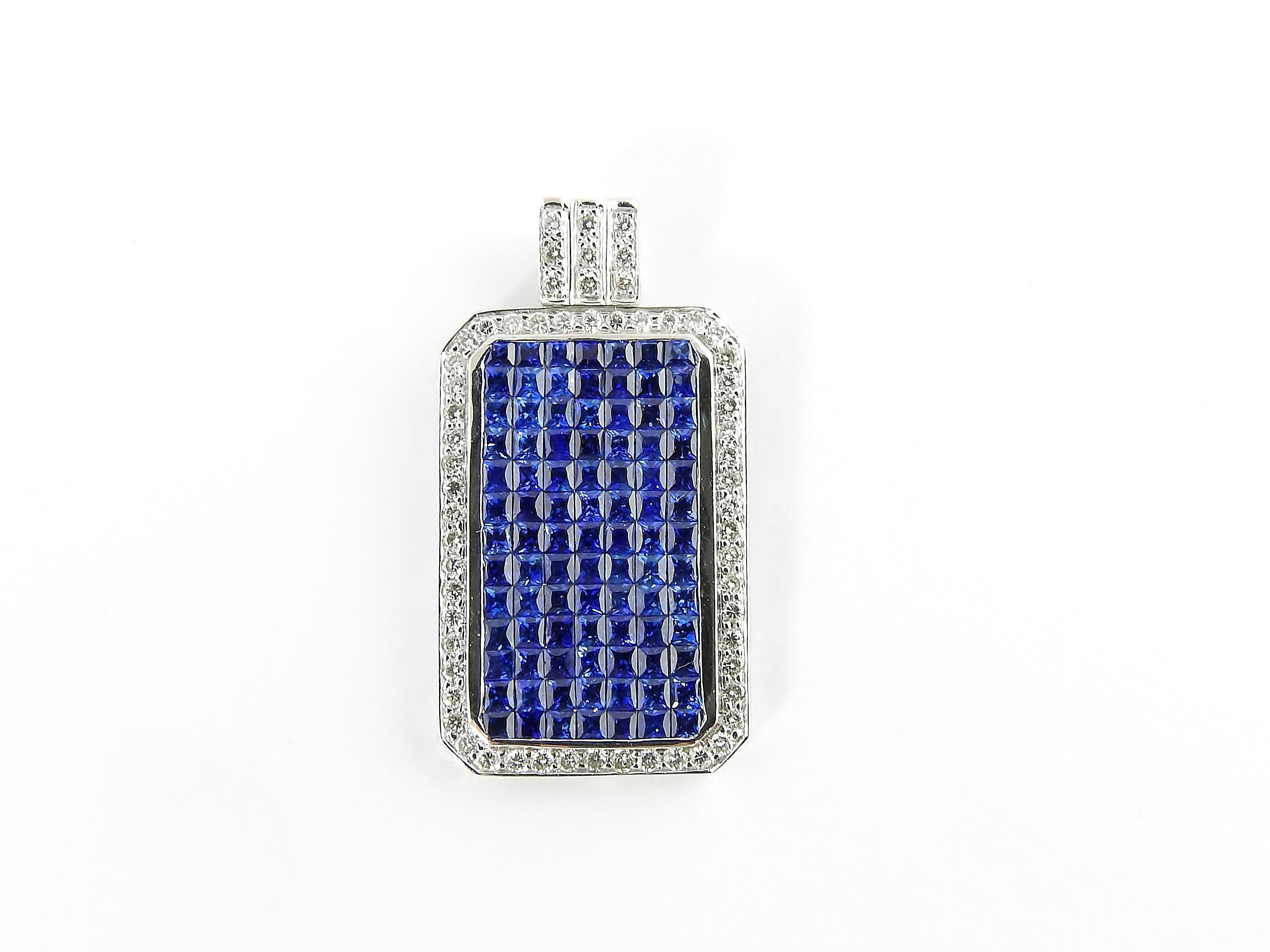 Vintage 18 Karat White Gold Sapphire and Diamond Pendant

This exquisite pendant features 91 square sapphires and 60 round brilliant cut diamonds set in classic 18K white gold.

Approximate total diamond weight: .60 ct.

Diamond color: H

Diamond