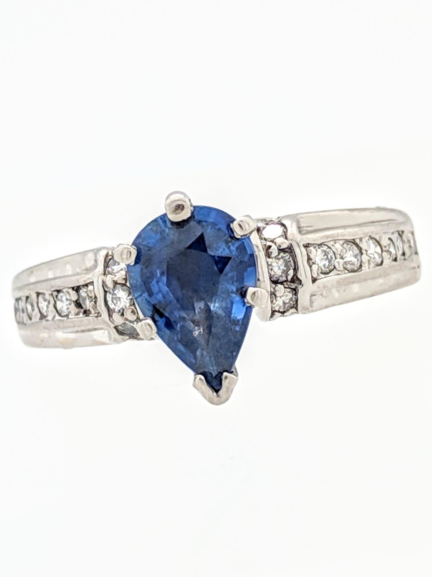  18k White Gold Sapphire & Diamond Ring

You are viewing a beautiful ladies sapphire and diamond ring.  This ring is crafted from 18k white gold and weighs 6 grams.  It features approximately (1) 1ct natural pear shaped sapphire and (48) round