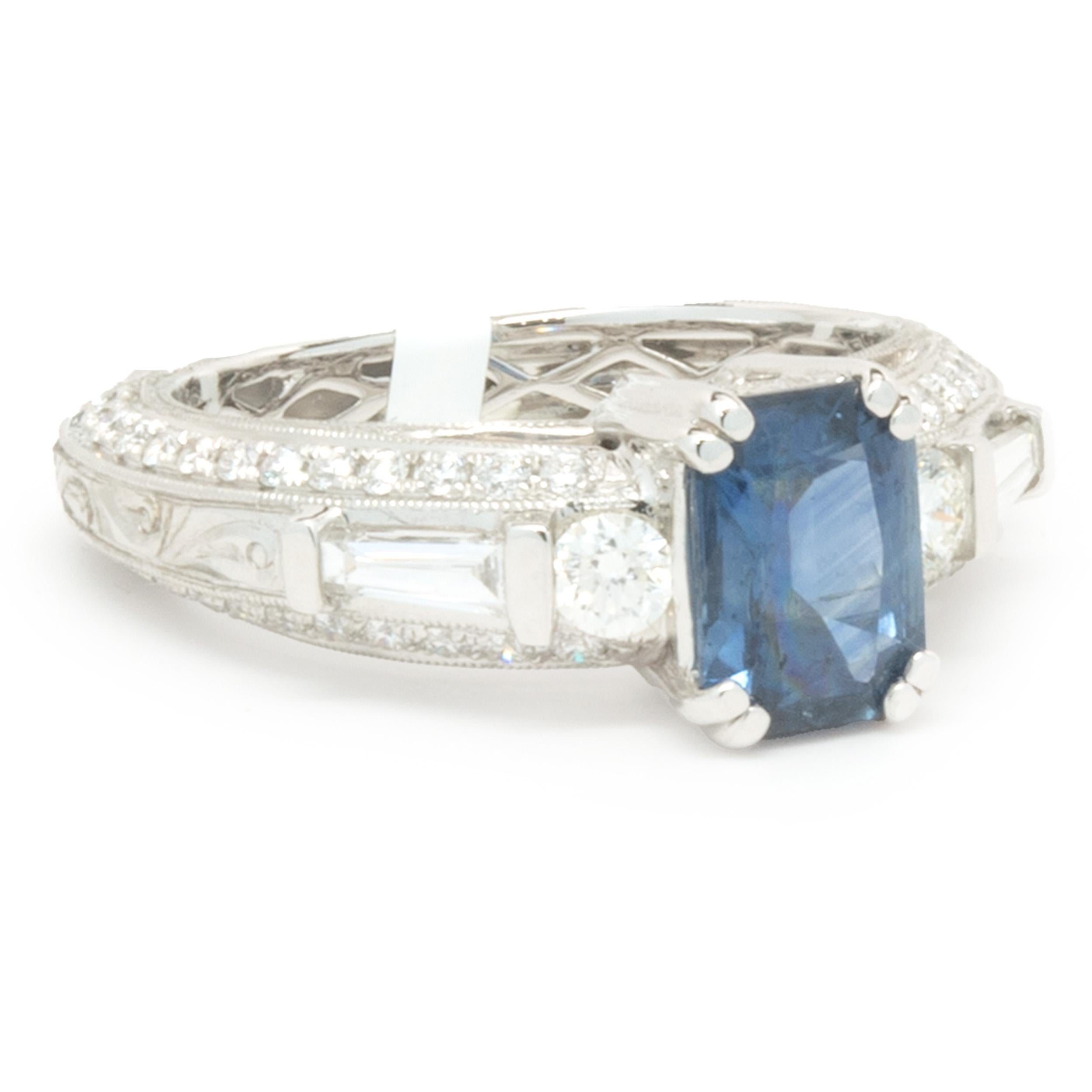 Designer: custom
Material: 18K white gold
Diamond: 56 round brilliant and baguette cut = 0.95cttw
Color: G
Clarity: VS2
Sapphire: emerald cut = 1.59cttw
Ring Size: 7 (complimentary sizing available)
Weight: 6.96 grams