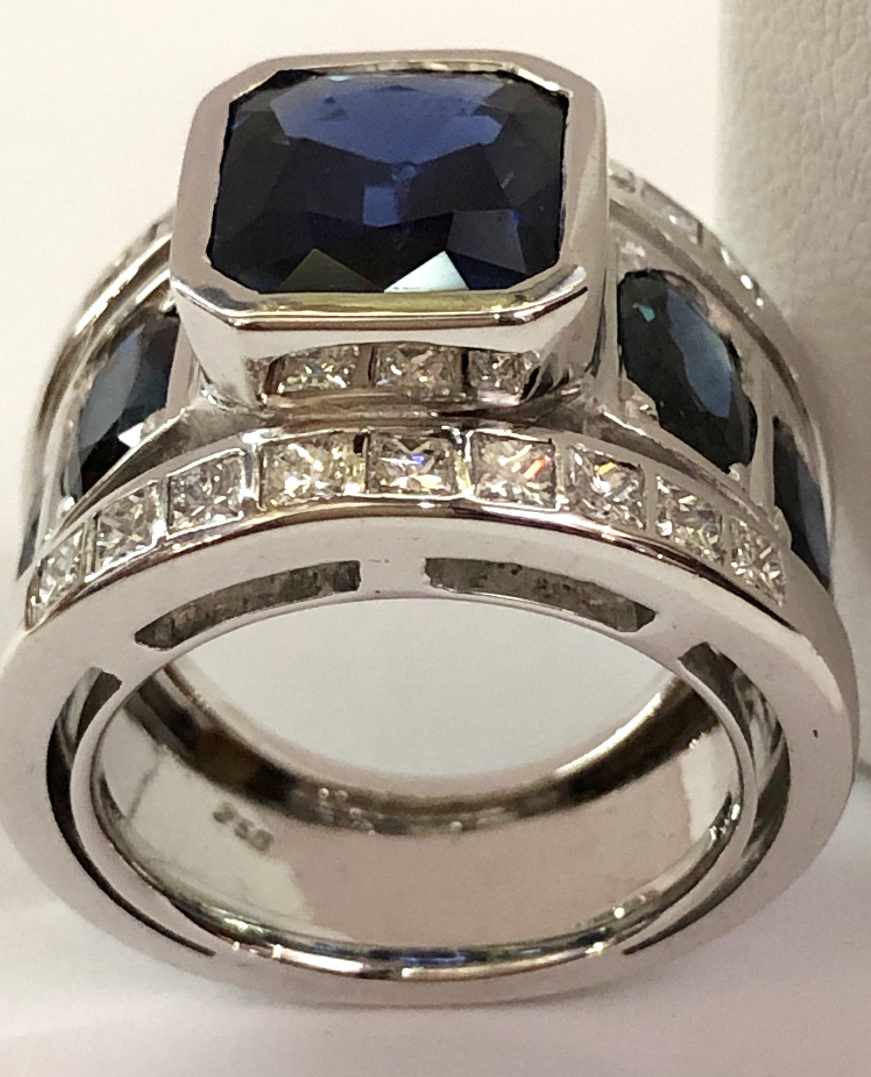 Women's or Men's 18 Karat White Gold Sapphire and Diamond Ring