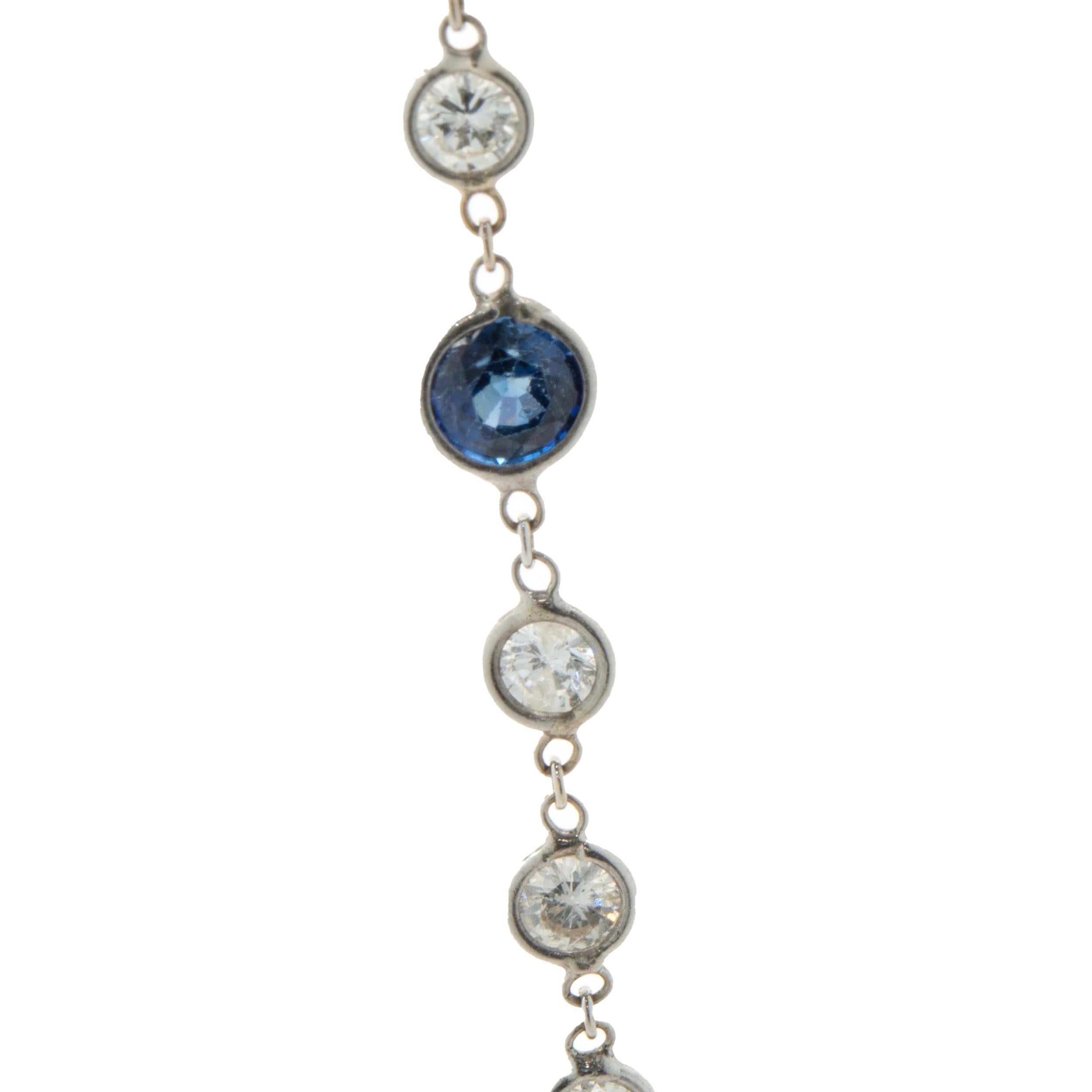 Round Cut 18 Karat White Gold Sapphire and Diamonds By The Yard Necklace For Sale