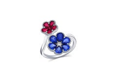 18 Karat White Gold Sapphire and Ruby Floral Bypass Ring