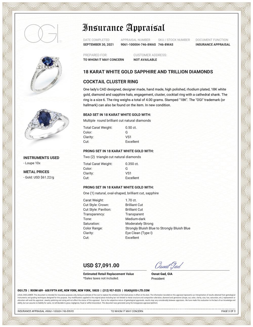 Eighteen karats white gold sapphire and diamond cocktail ring 
Diamond carat weighing 0.50 
Trillion diamond carat weighing 0.35 
Oval shaped sapphire weighing 1.70
Sapphire hue tone color is royal blue 
Diamond quality G VS
Ring finger size 6.5
One