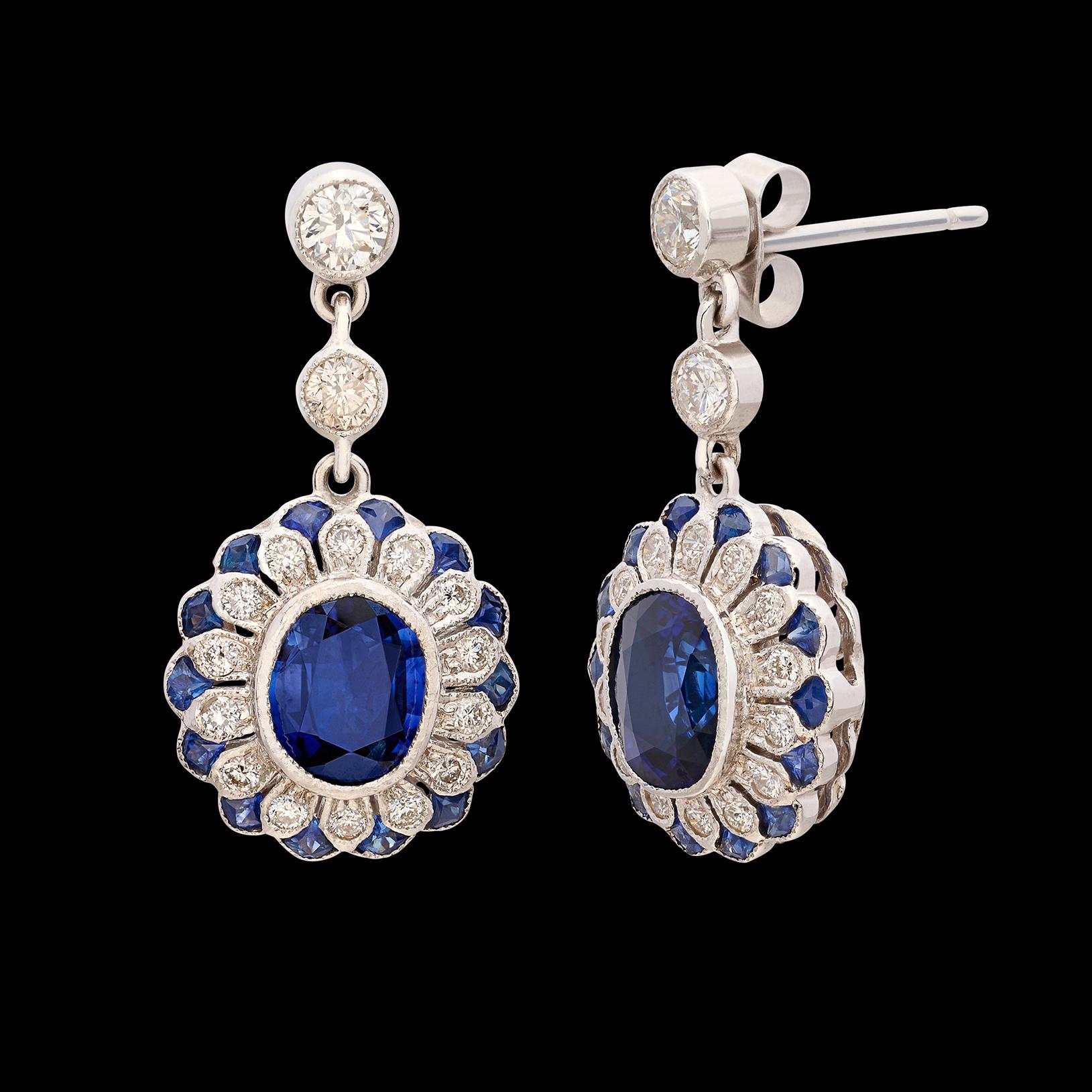 Oval Cut 18 Karat White Gold Sapphire & Diamond Drop Earrings