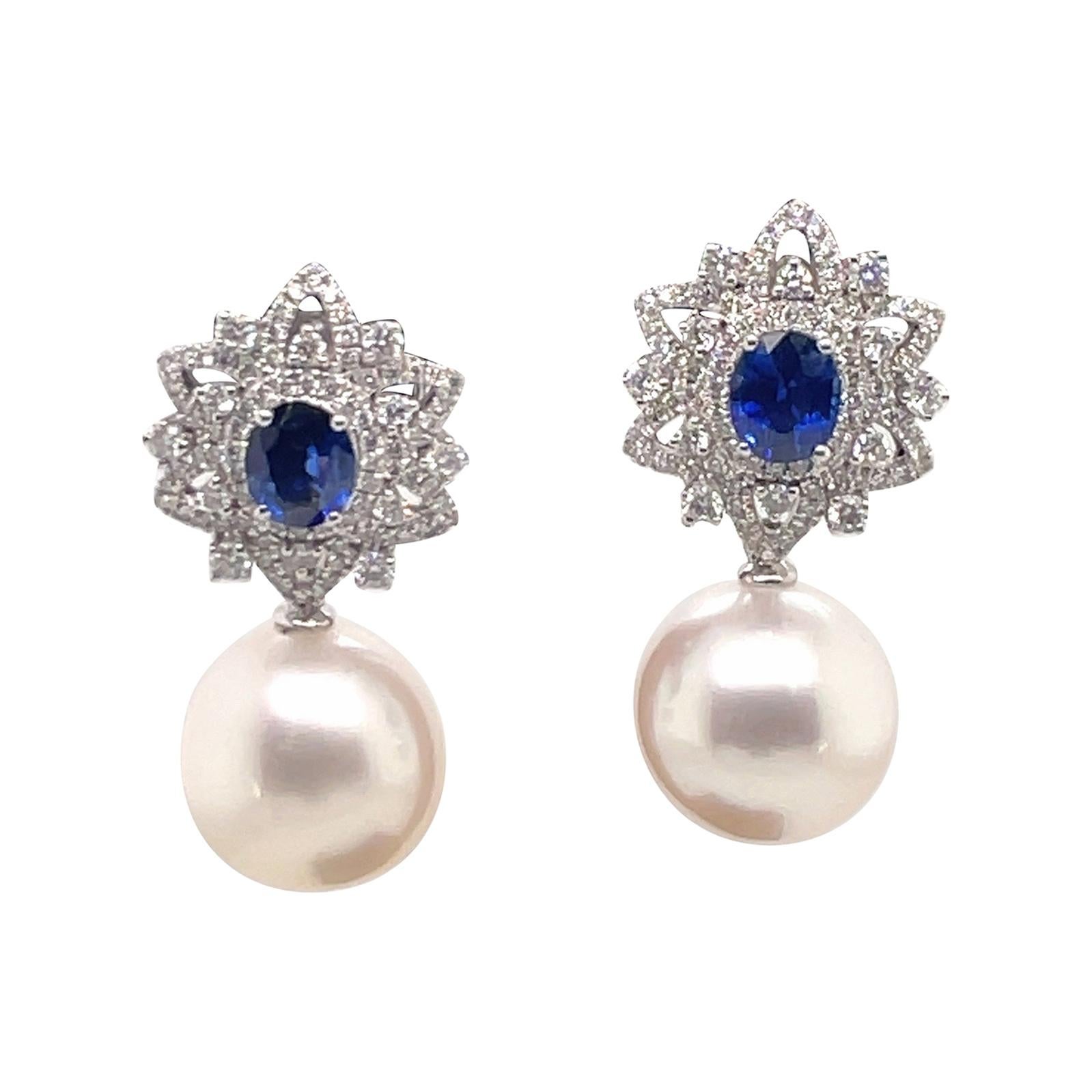 18 Karat White Gold Sapphire Diamond Floral Drop Day & Night Earring 2.45 Carats For Sale