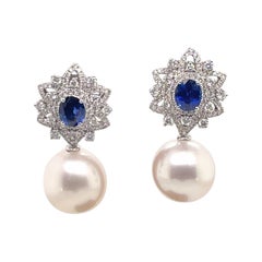 18 Karat White Gold Sapphire Diamond Floral Drop Day & Night Earring 2.45 Carats