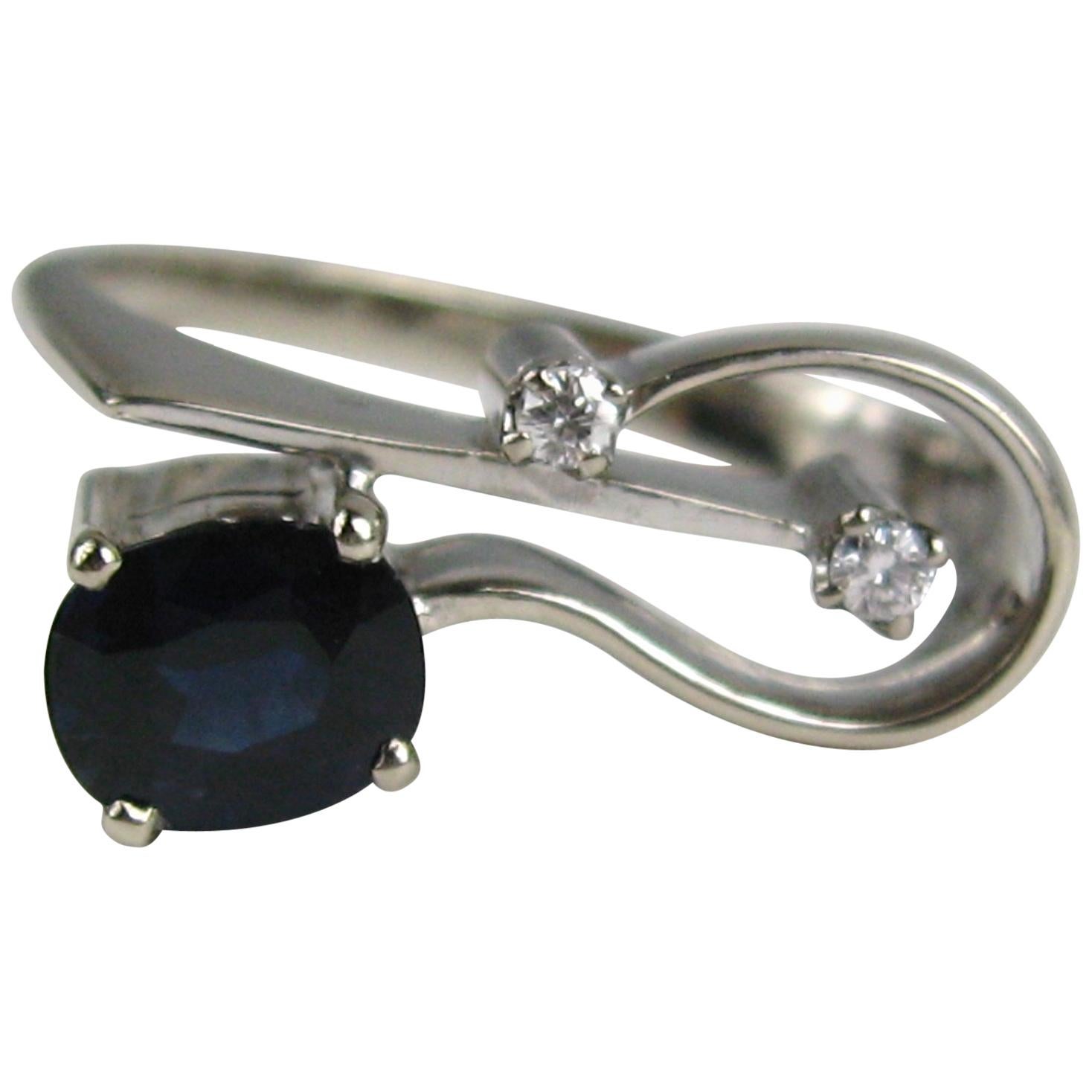 Anillo Modernista Zafiro Diamante Oro Blanco 18 Kilates