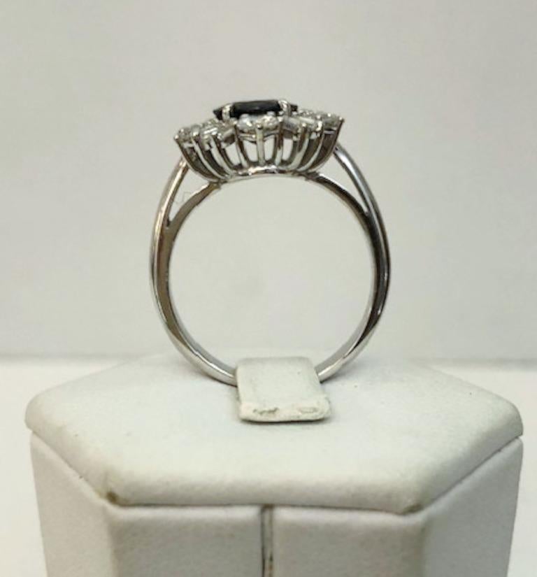 Baguette Cut 18 Karat White Gold Sapphire Diamond Ring For Sale