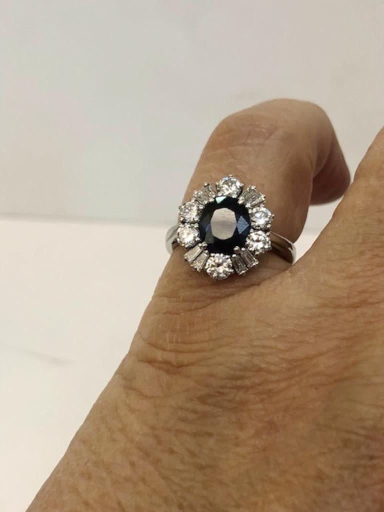 Women's or Men's 18 Karat White Gold Sapphire Diamond Ring For Sale