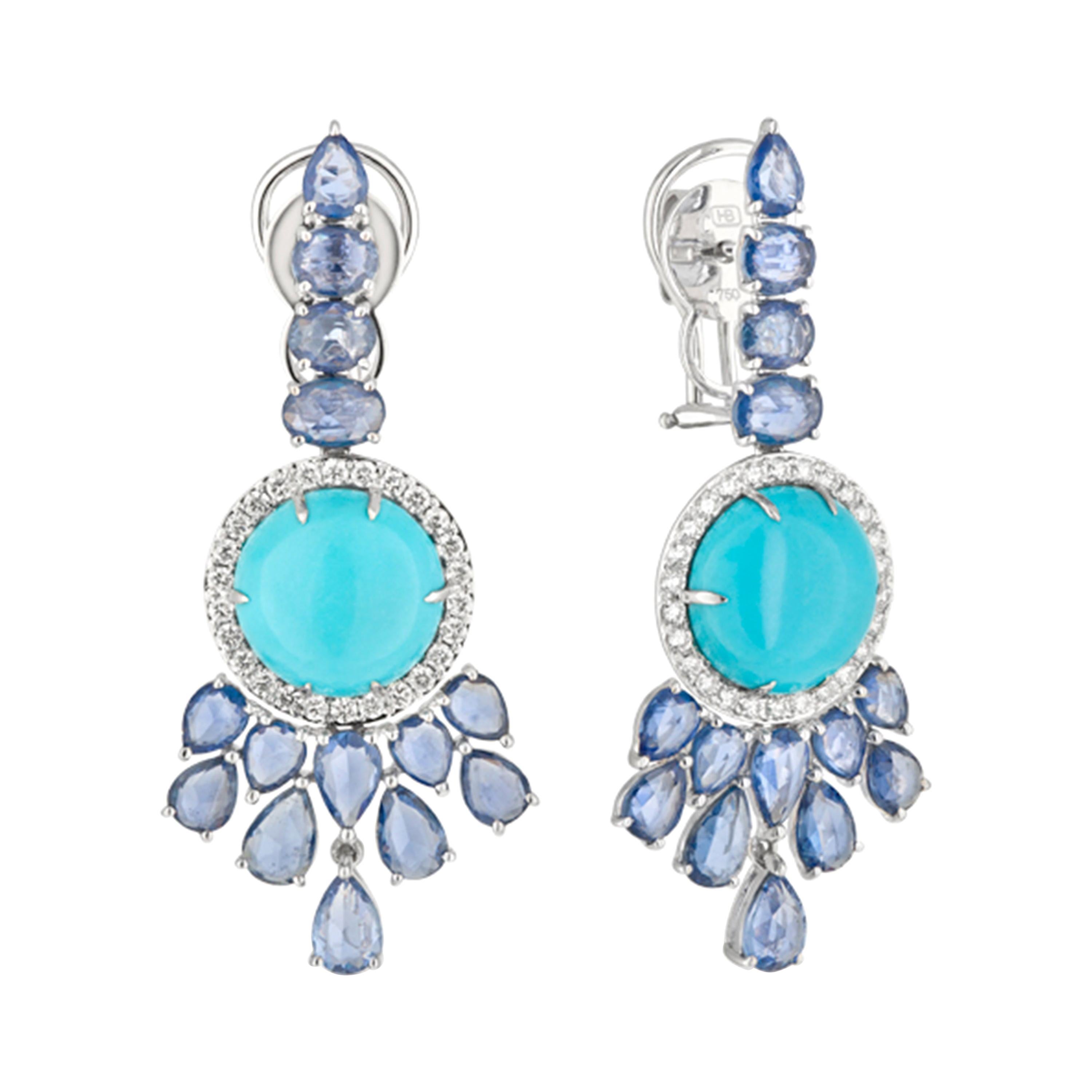 18 Karat White Gold Sapphire Diamond Turquoise Drop Earrings For Sale