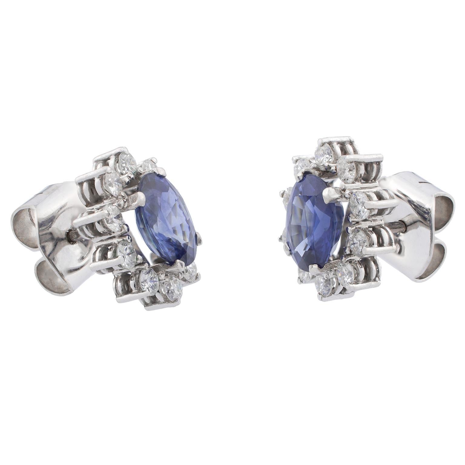 Oval Cut 18 Karat White Gold Sapphire Diamonds Cluster Earrings For Sale