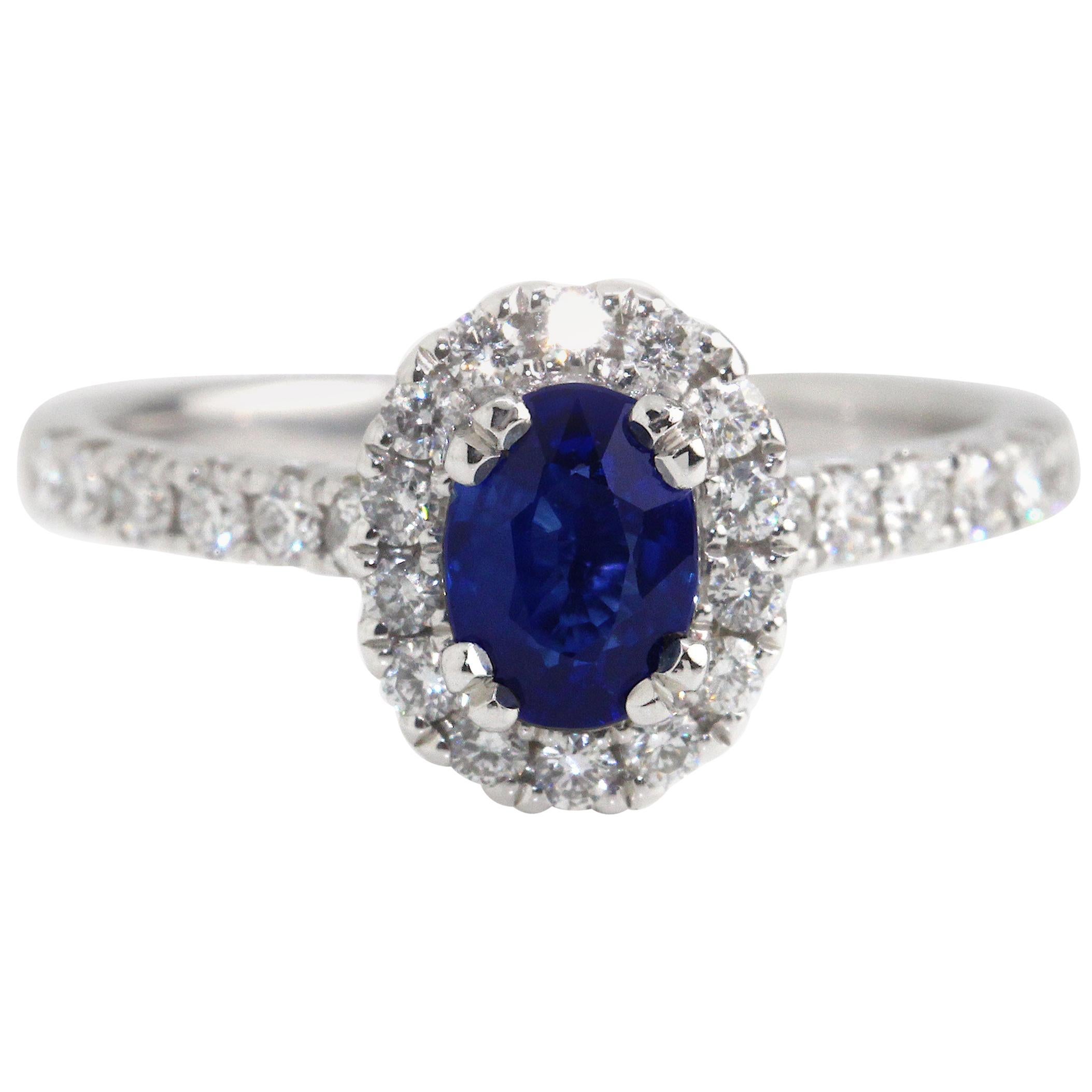 18 Karat White Gold Sapphire Halo Engagement Ring For Sale