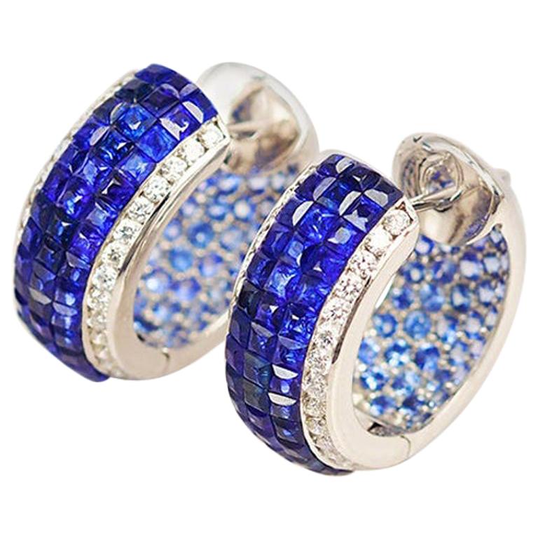 18 Karat White Gold Sapphire Hoop Earrings For Sale