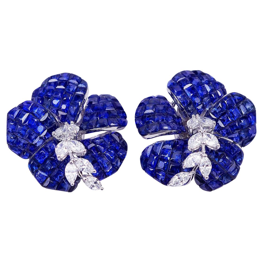18 Karat White Gold Sapphire Invisible Flower Earrings