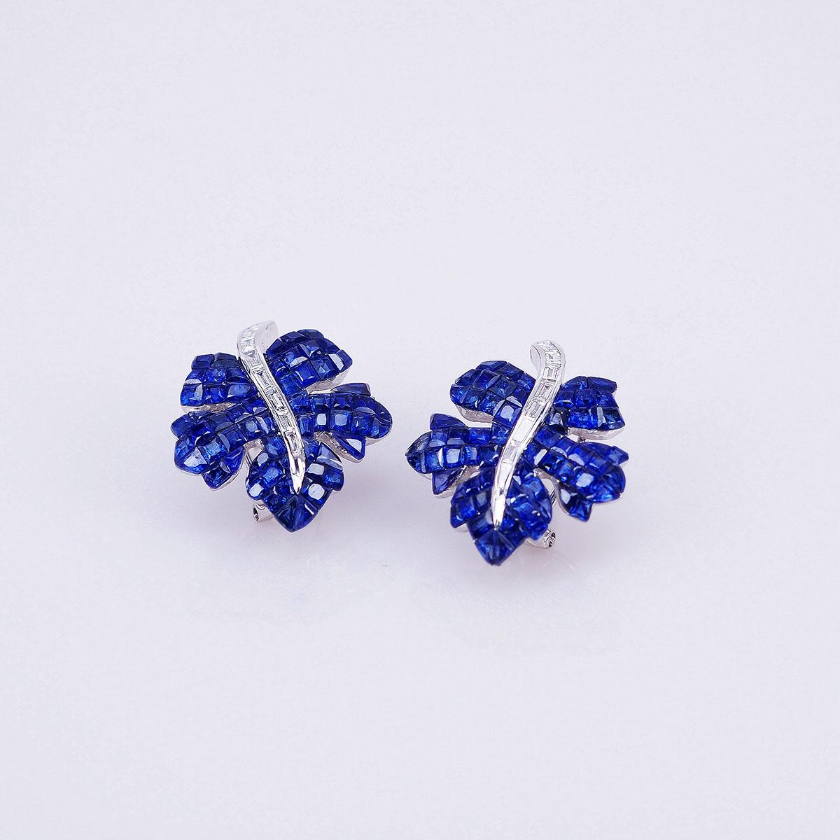 Sapphire ear clip earrings design as classic luxury elegant style.You can use for everyday and also for the evening party.We use the top quality Sapphire which make in invisible setting.We set the stone in perfection as we are professional in this