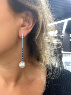 18 Karat White Gold Sapphire Ombree Pearl Drop Earrings 2.99 Carats 13-14 MM