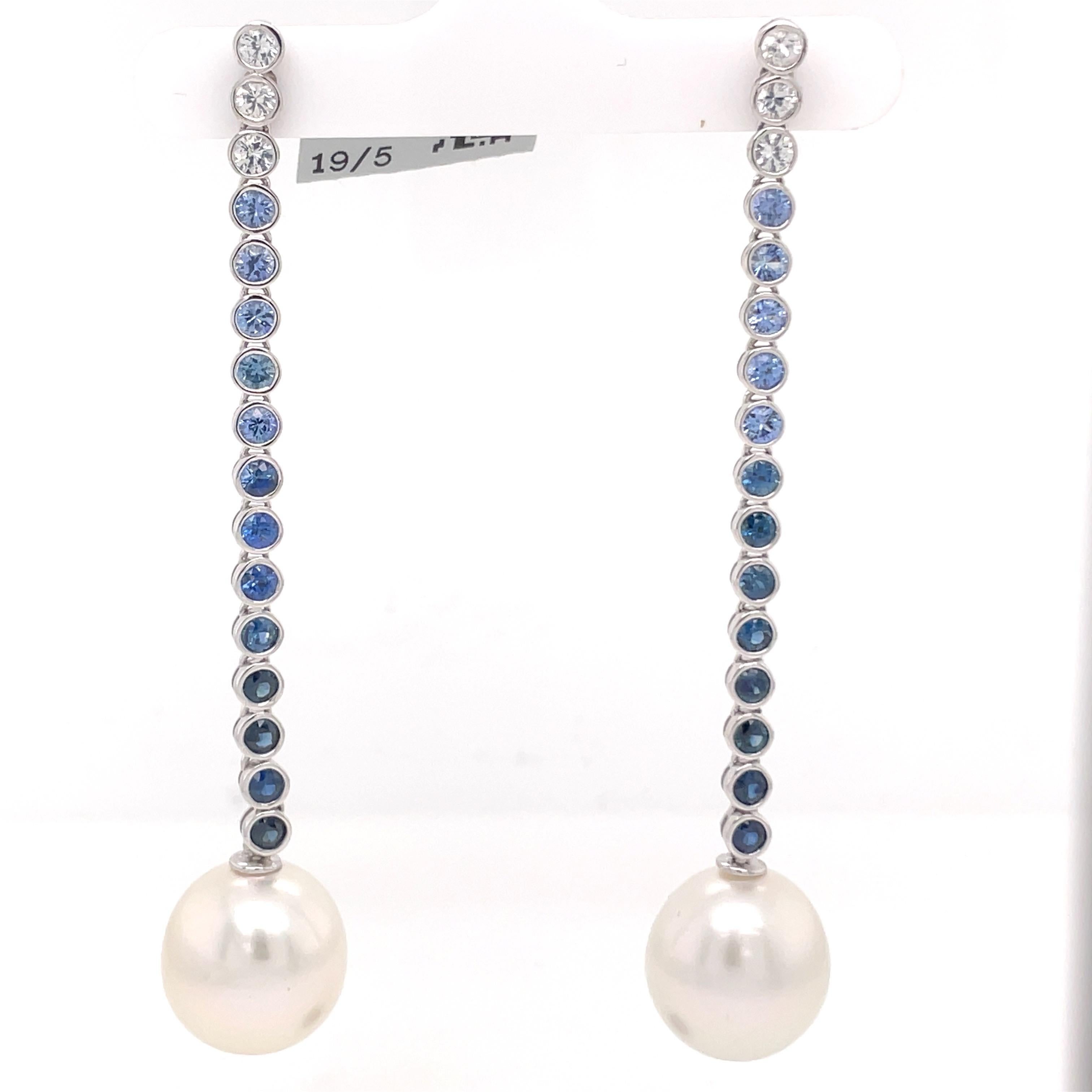 Contemporary 18 Karat White Gold Sapphire Ombree Pearl Drop Earrings 2.99 Carats For Sale