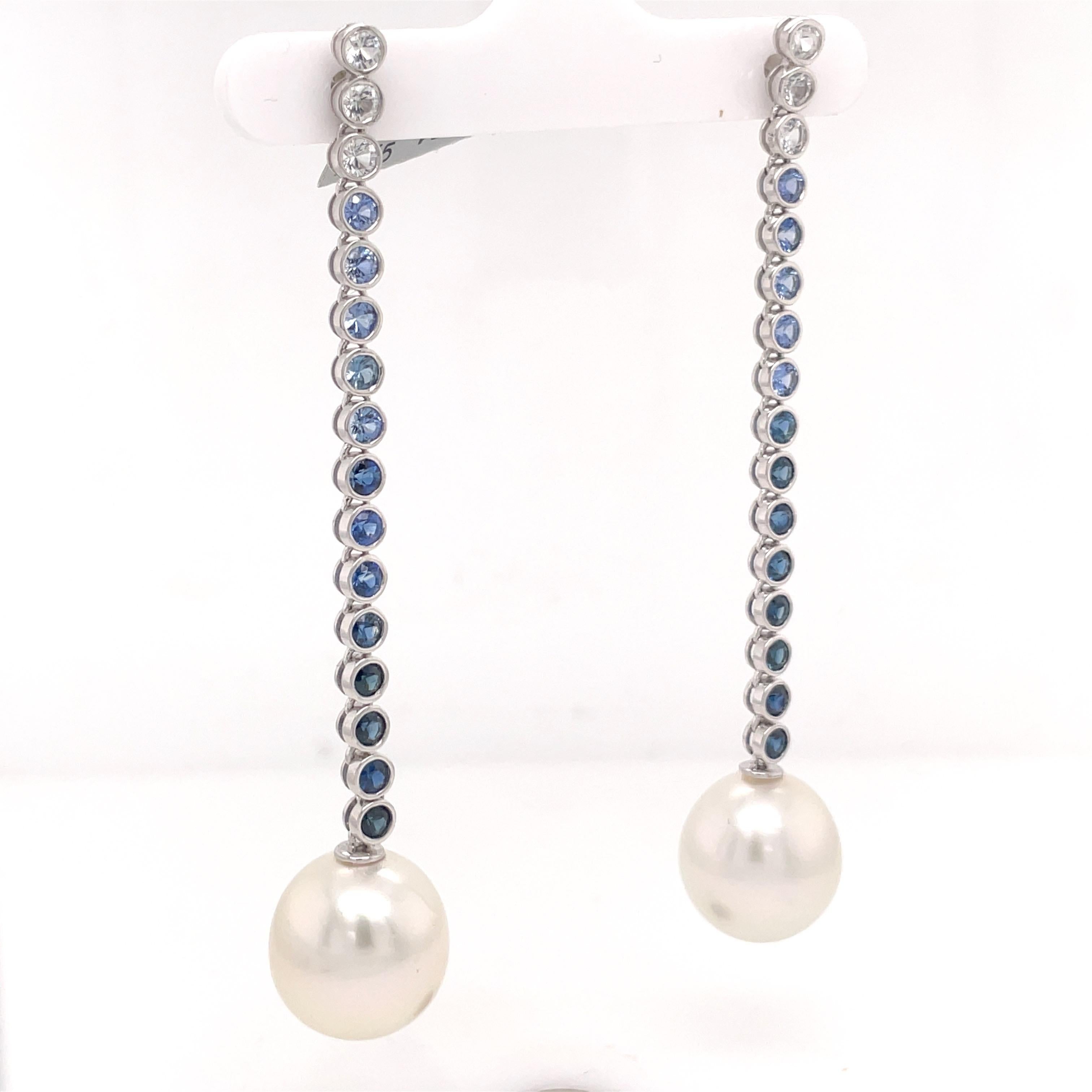 18 Karat White Gold Sapphire Ombree Pearl Drop Earrings 2.99 Carats For Sale 1