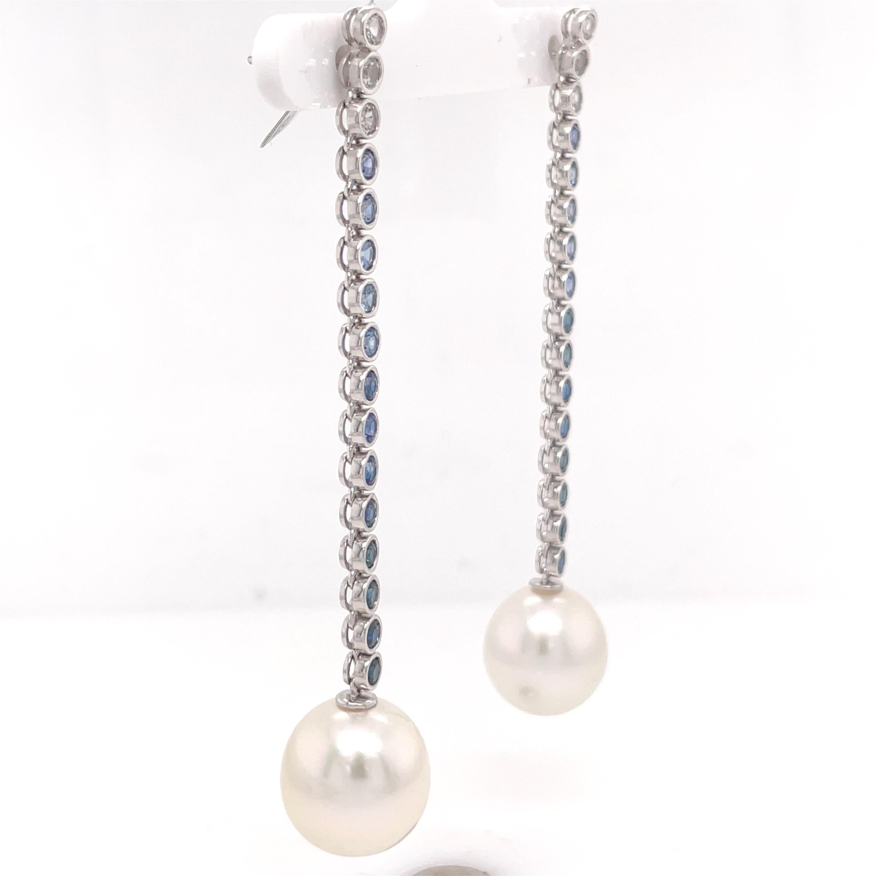 18 Karat White Gold Sapphire Ombree Pearl Drop Earrings 2.99 Carats For Sale 2