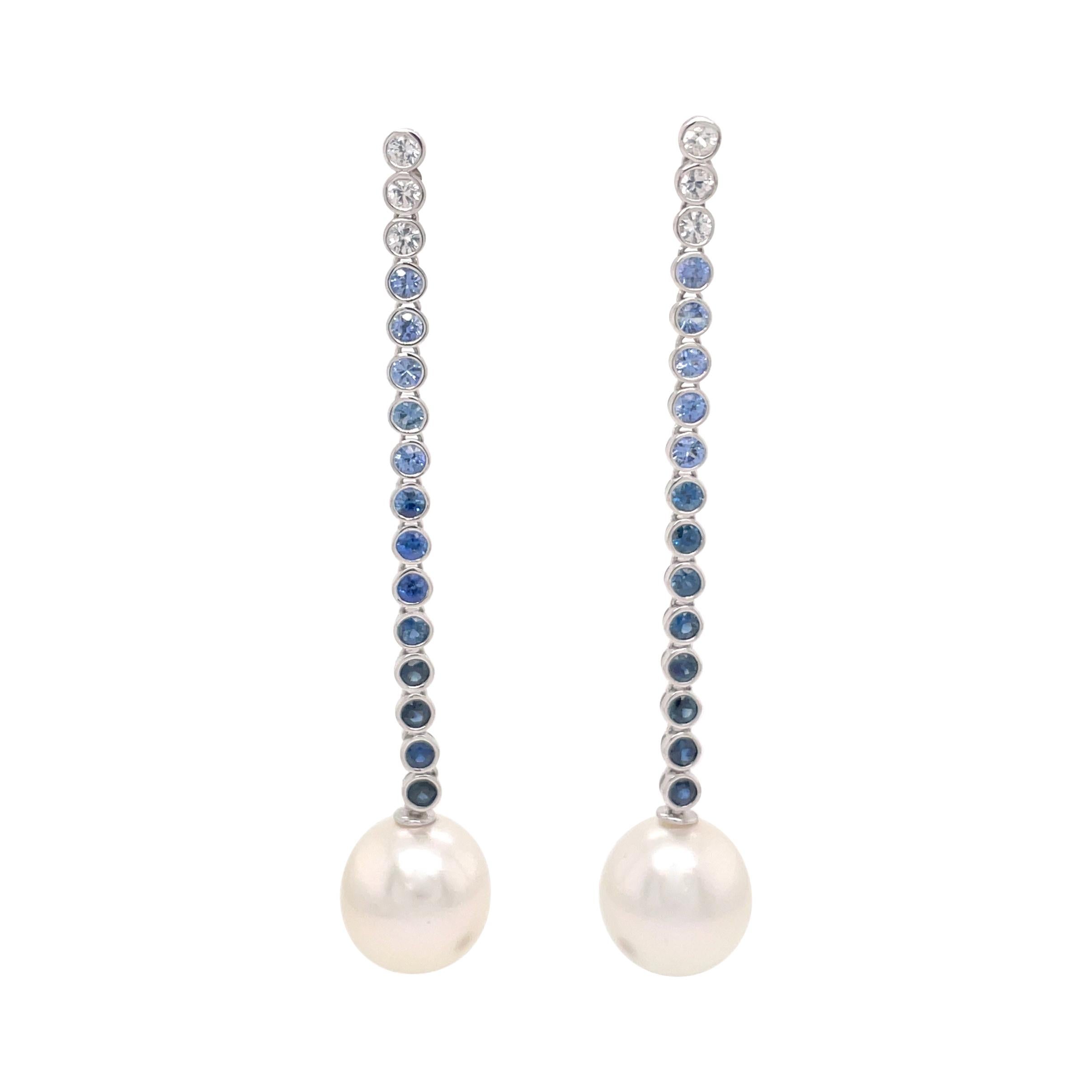 18 Karat White Gold Sapphire Ombree Pearl Drop Earrings 2.99 Carats For Sale