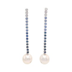 18 Karat White Gold Sapphire Ombree Pearl Drop Earrings 2.99 Carats 13-14 MM