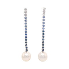 18 Karat White Gold Sapphire Ombree Pearl Drop Earrings 2.99 Carats