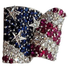 18 Karat White Gold Sapphire, Ruby and Diamond American Flag Brooch