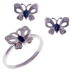 18 Karat White Gold Sapphire Small Butterfly Stud Earring Ring Set