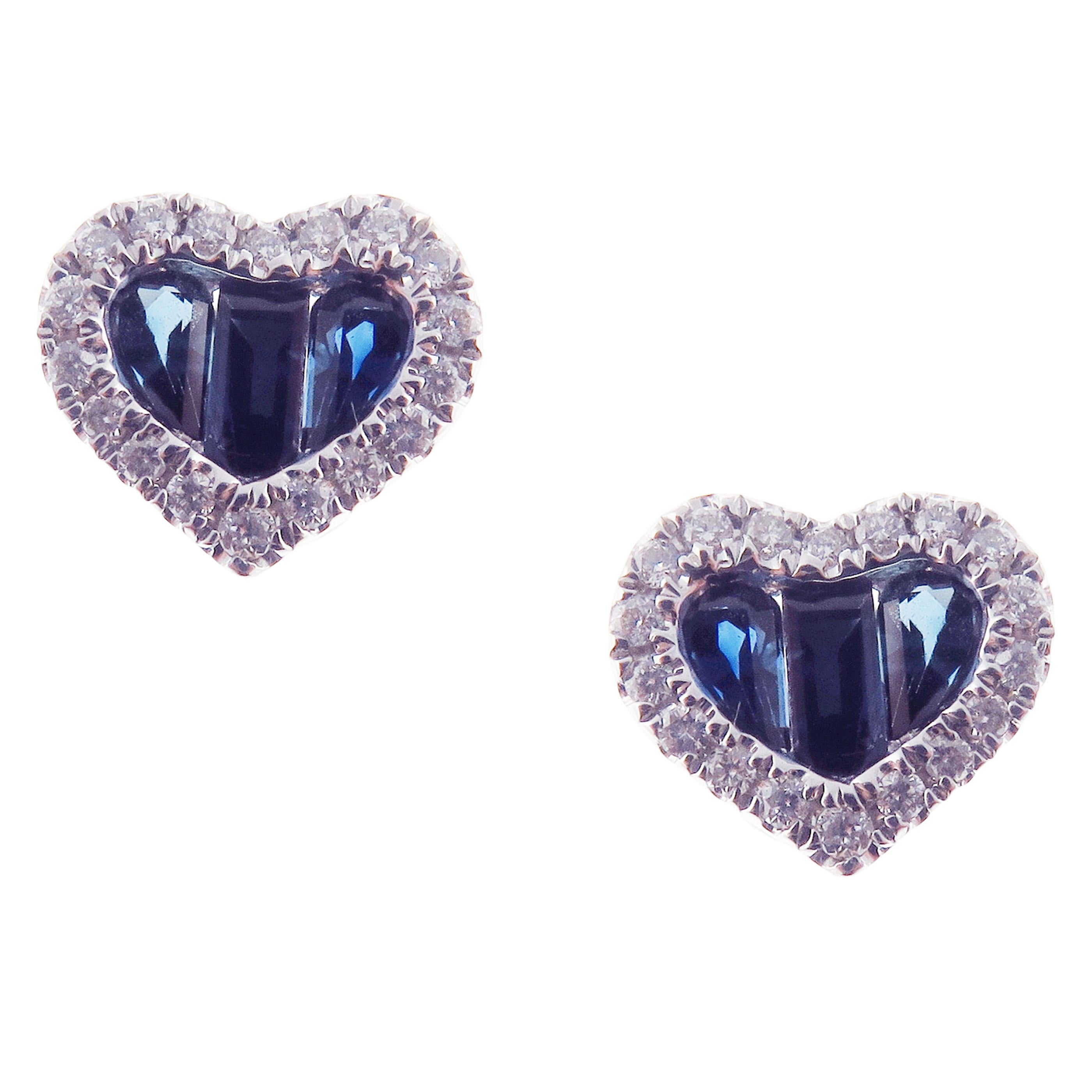 Round Cut 18 Karat White Gold Sapphire Small Heart Baguette Stud Earring Ring Set