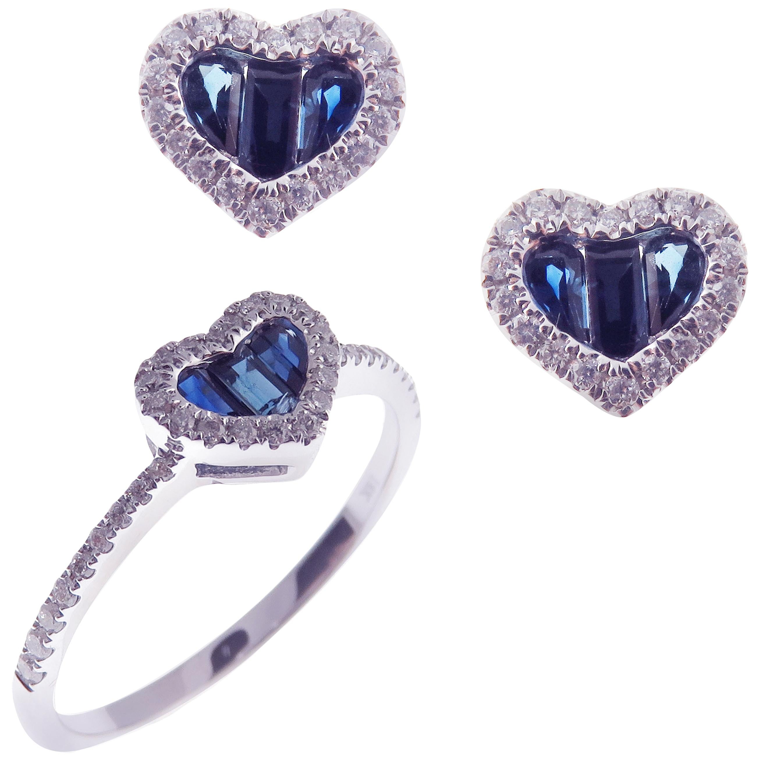 18 Karat White Gold Sapphire Small Heart Baguette Stud Earring Ring Set