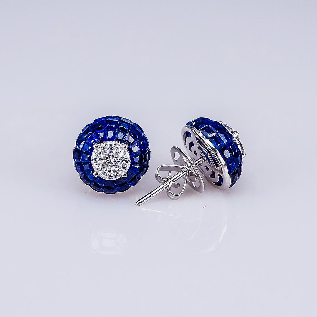 Modern 18 Carat White Gold Sapphire Stud Invisible Earrings For Sale