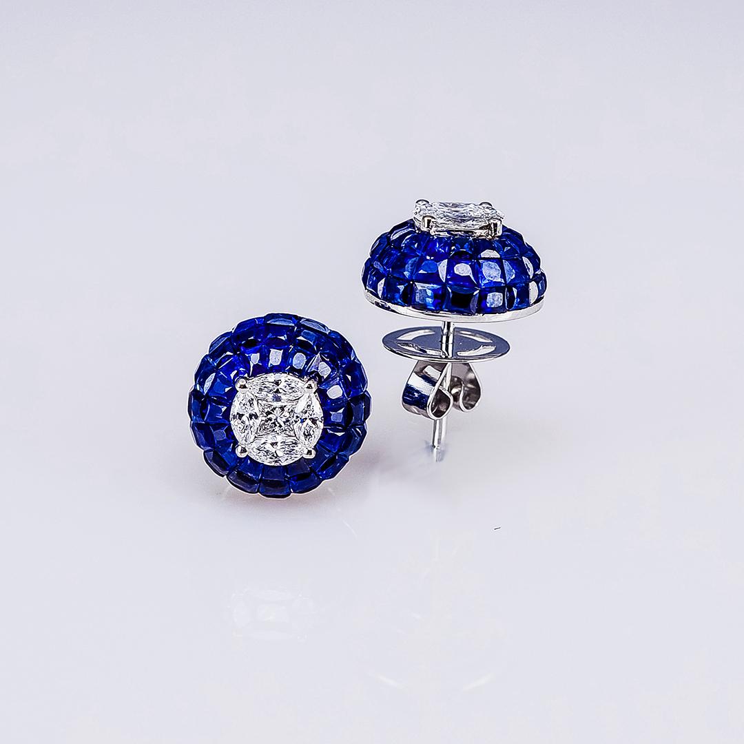Square Cut 18 Carat White Gold Sapphire Stud Invisible Earrings For Sale
