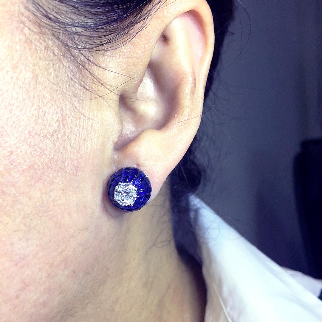 18 Carat White Gold Sapphire Stud Invisible Earrings For Sale 1