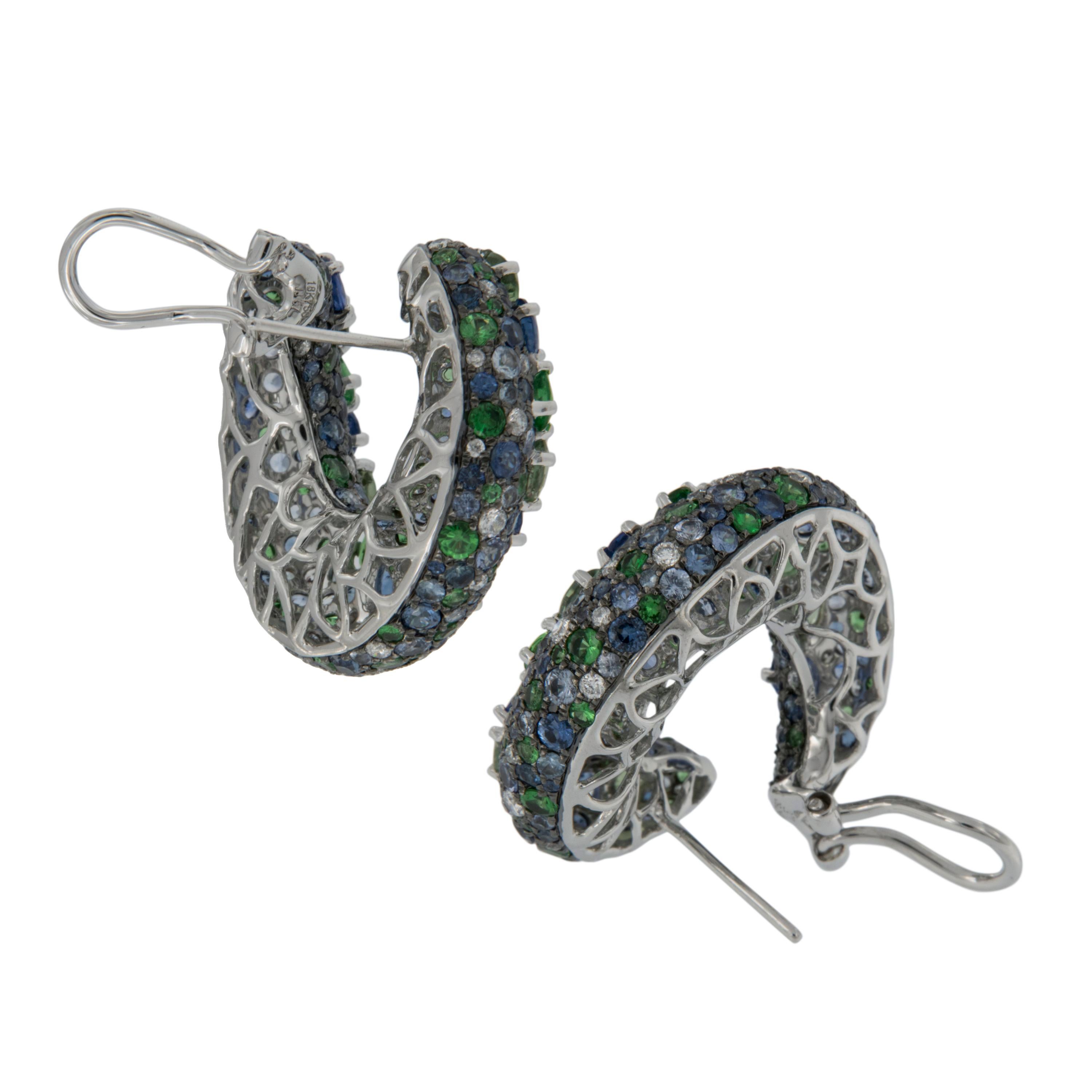 18 Karat White Gold Sapphire Tsavorite Garnet and Diamond Earrings In New Condition In Troy, MI