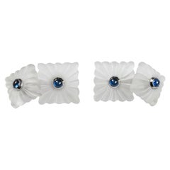 18 Karat White Gold Sapphires Carved Frosted Rock Crystal Cufflinks
