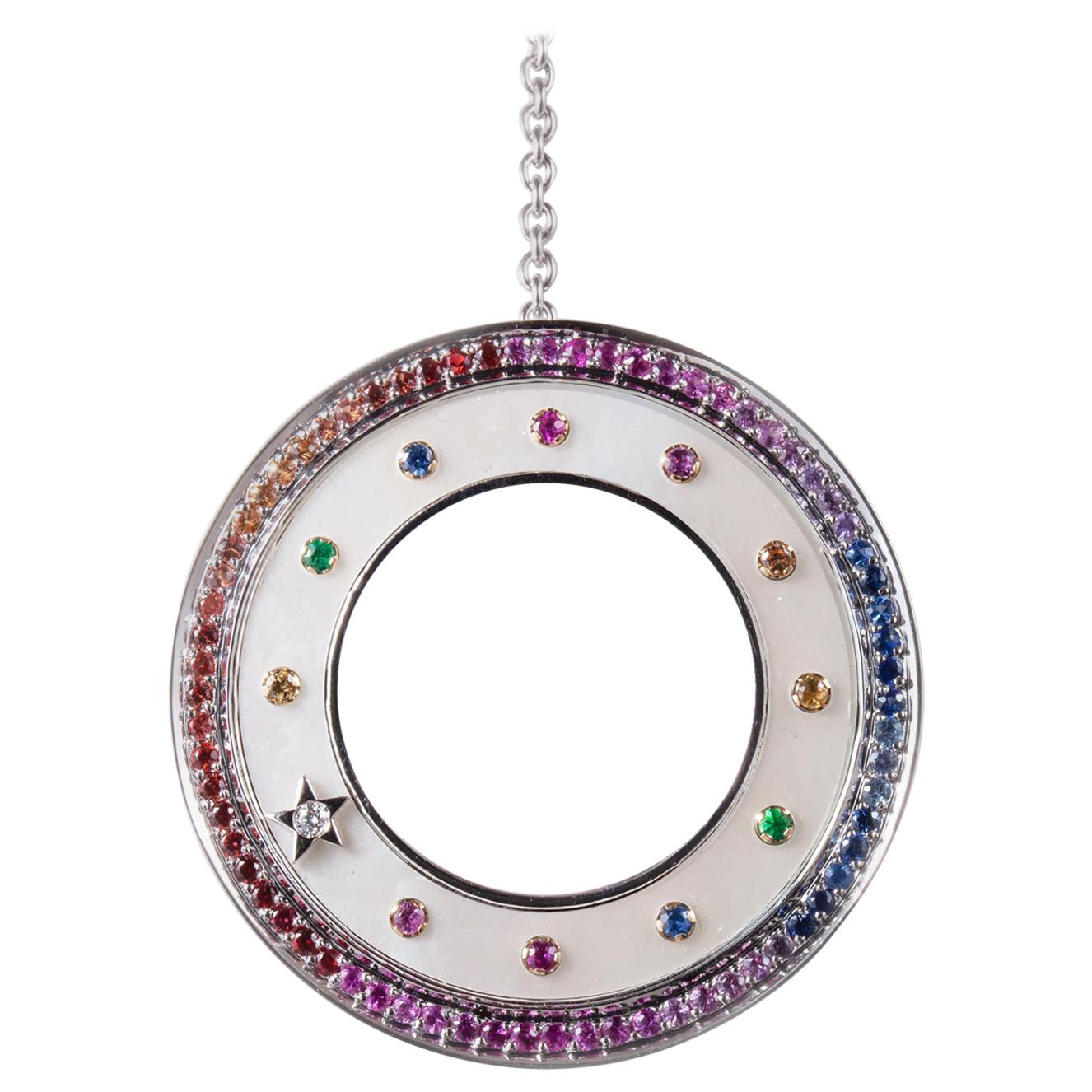 18 Karat White Gold, Sapphires, Diamond, Mother of Pearl Pendant, Drop Necklace For Sale