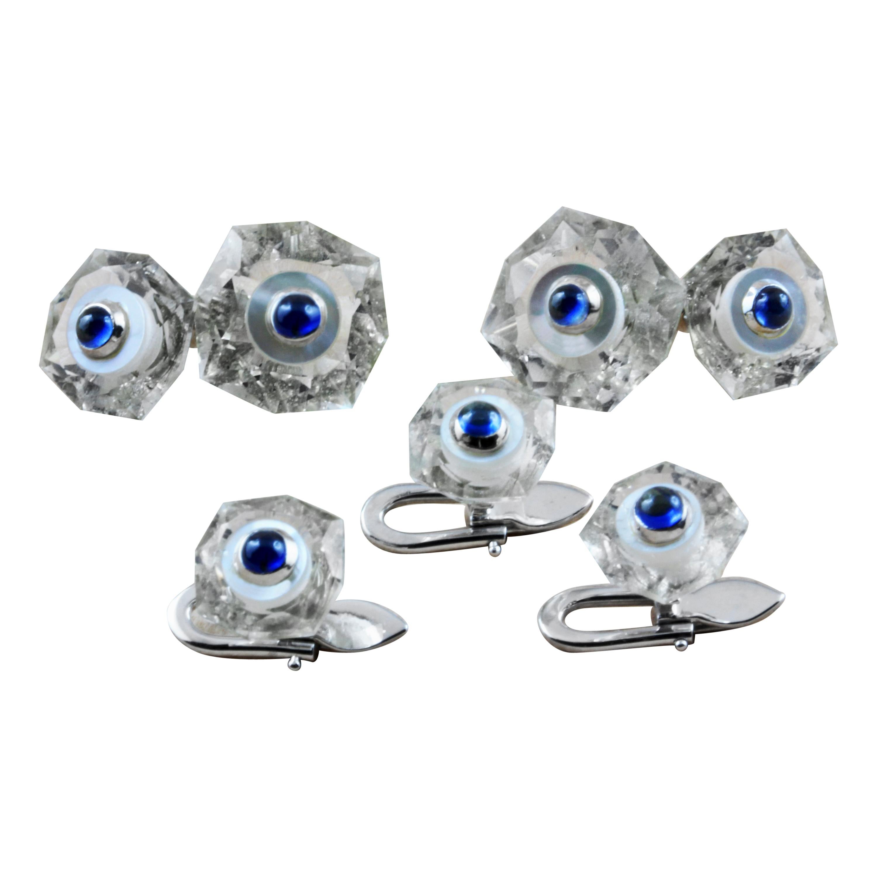 18 Karat White Gold Sapphires Rock Crystal Mother of Pearl Cufflinks and Buttons