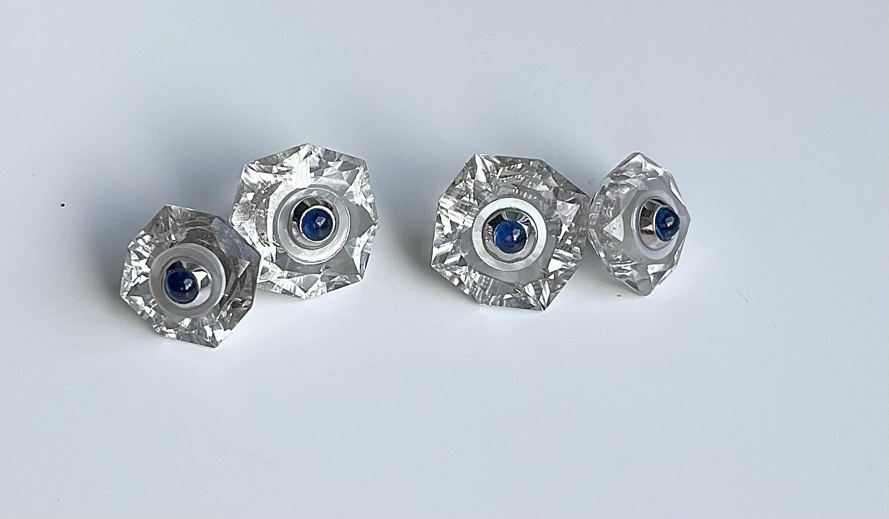 18 Karat White Gold Sapphires Rock Crystal Mother of Pearl Cufflinks Buttons Set For Sale 6