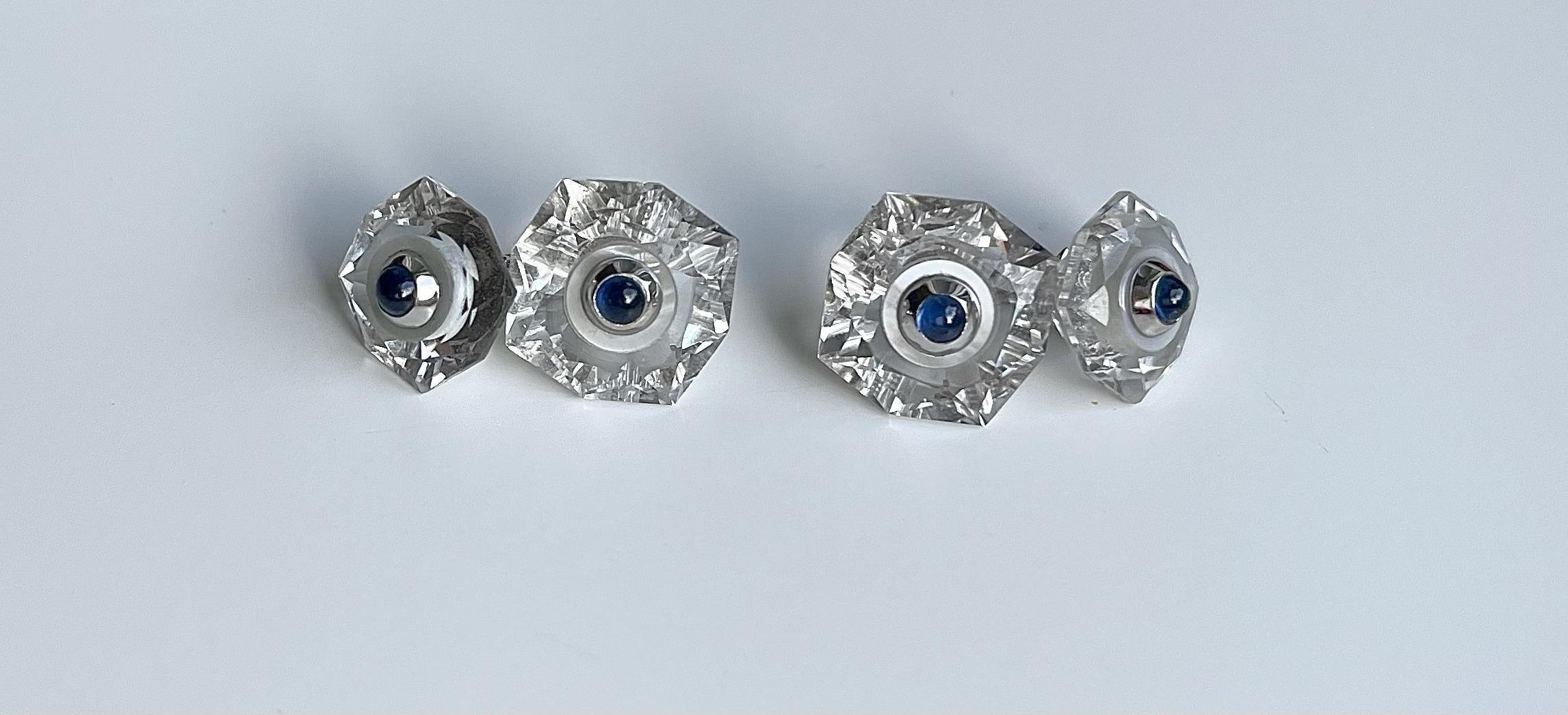 18 Karat White Gold Sapphires Rock Crystal Mother of Pearl Cufflinks Buttons Set For Sale 7