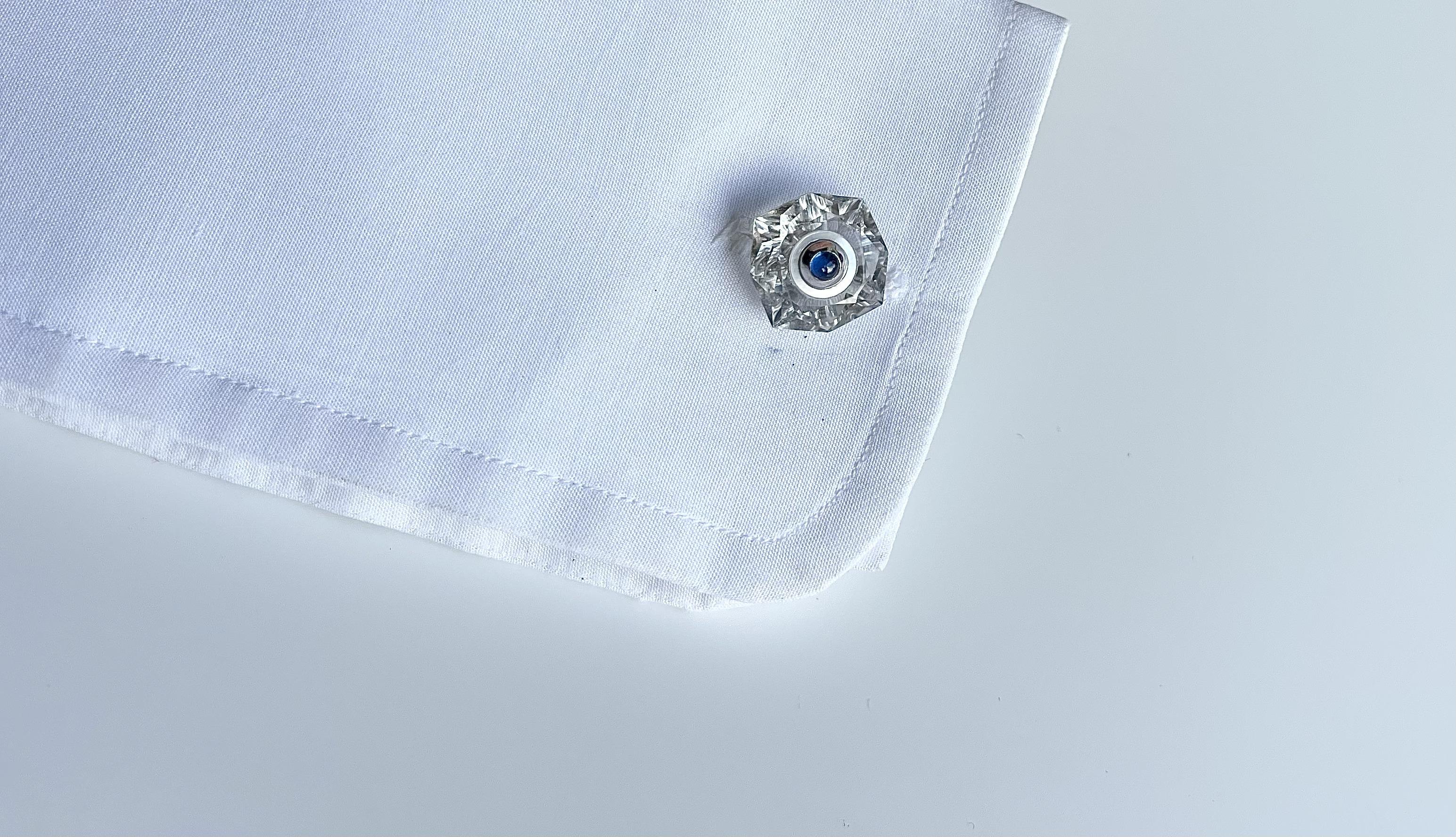 18 Karat White Gold Sapphires Rock Crystal Mother of Pearl Cufflinks Buttons Set For Sale 1