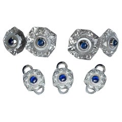 18 Karat White Gold Sapphires Rock Crystal Mother of Pearl Cufflinks Buttons Set