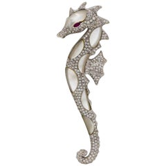 18 Karat White Gold Seahorse Abalone Shell 2.50 Carat Diamonds Brooch